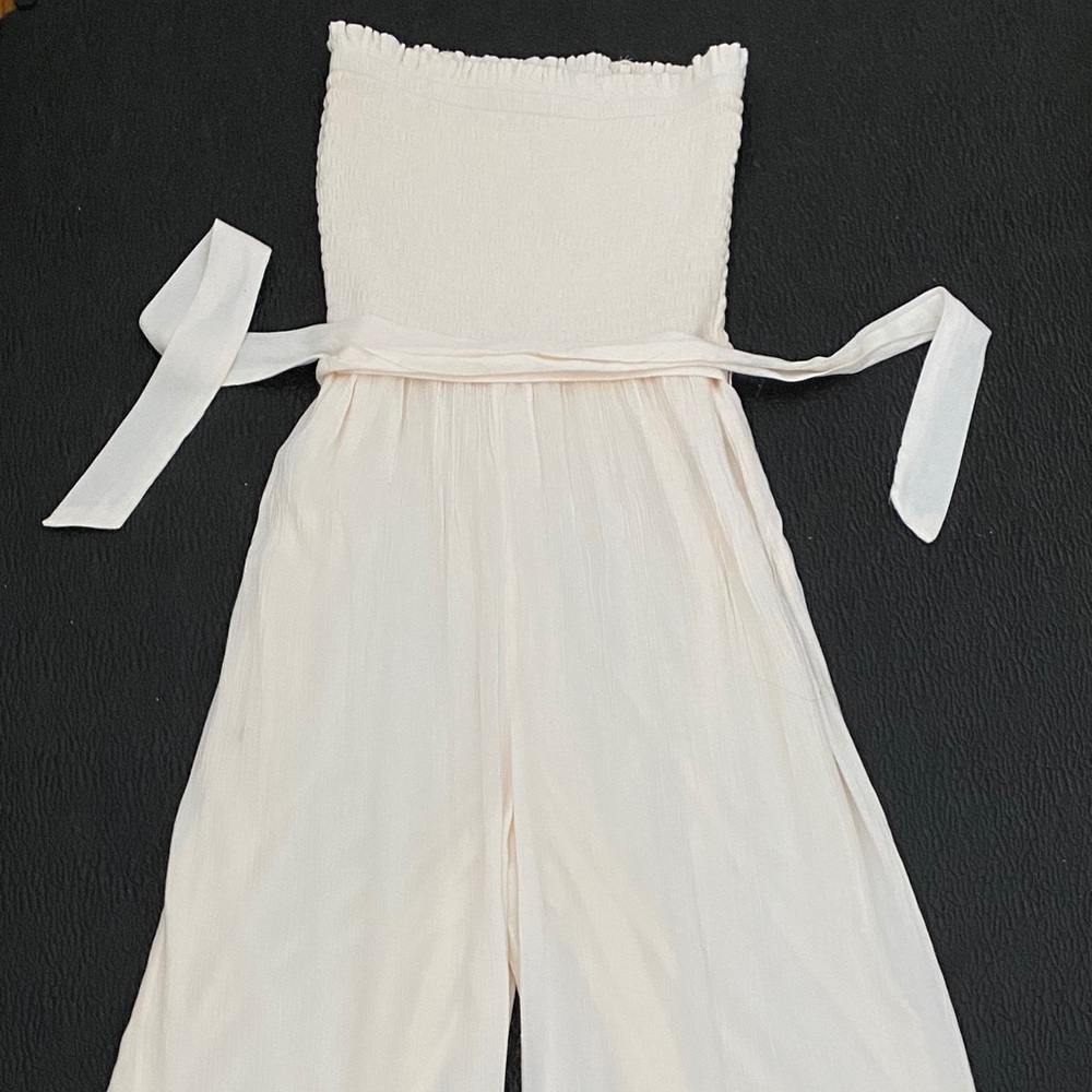 American Eagle White Flowy Strapless Jumpsuit
